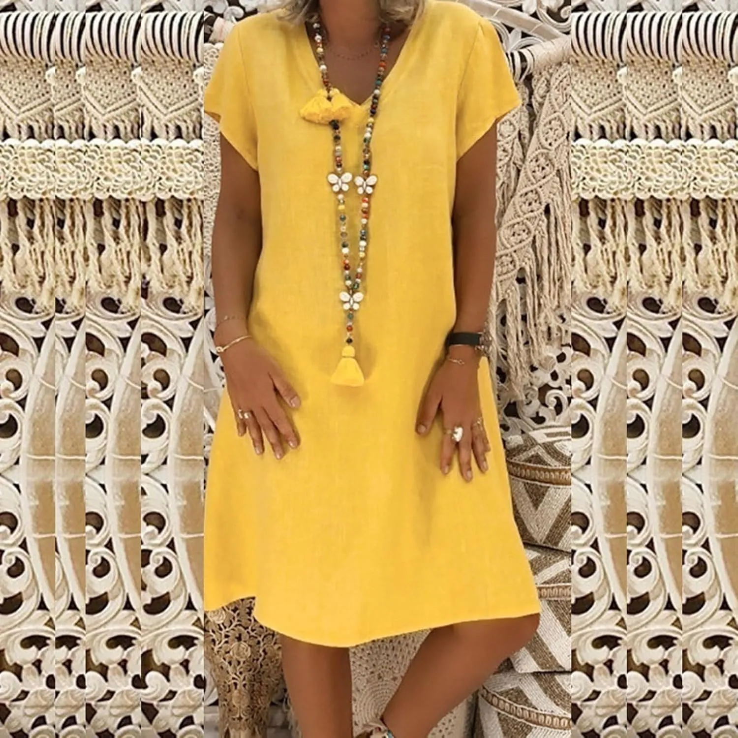 Oversize Women's Cotton Linen Midi Dresses Summer Solid Color Short Sleeve V-Neck Shirt Dresses Plus Size Beach Dress