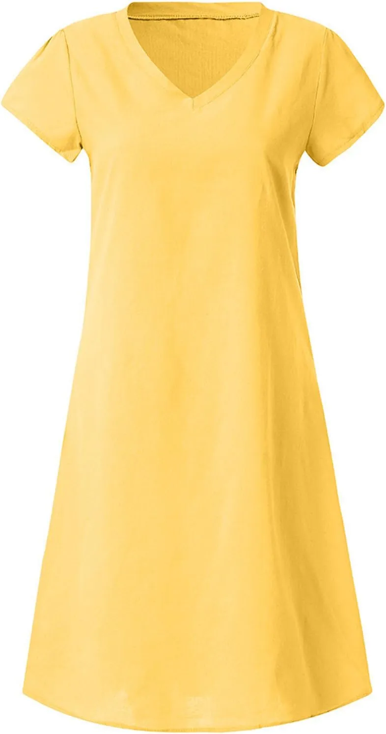 Oversize Women's Cotton Linen Midi Dresses Summer Solid Color Short Sleeve V-Neck Shirt Dresses Plus Size Beach Dress