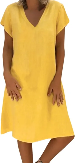 Oversize Women's Cotton Linen Midi Dresses Summer Solid Color Short Sleeve V-Neck Shirt Dresses Plus Size Beach Dress