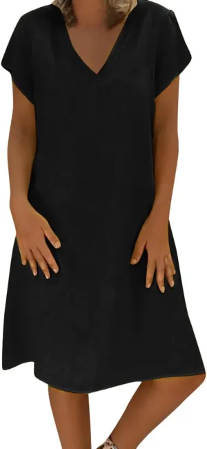 Oversize Women's Cotton Linen Midi Dresses Summer Solid Color Short Sleeve V-Neck Shirt Dresses Plus Size Beach Dress