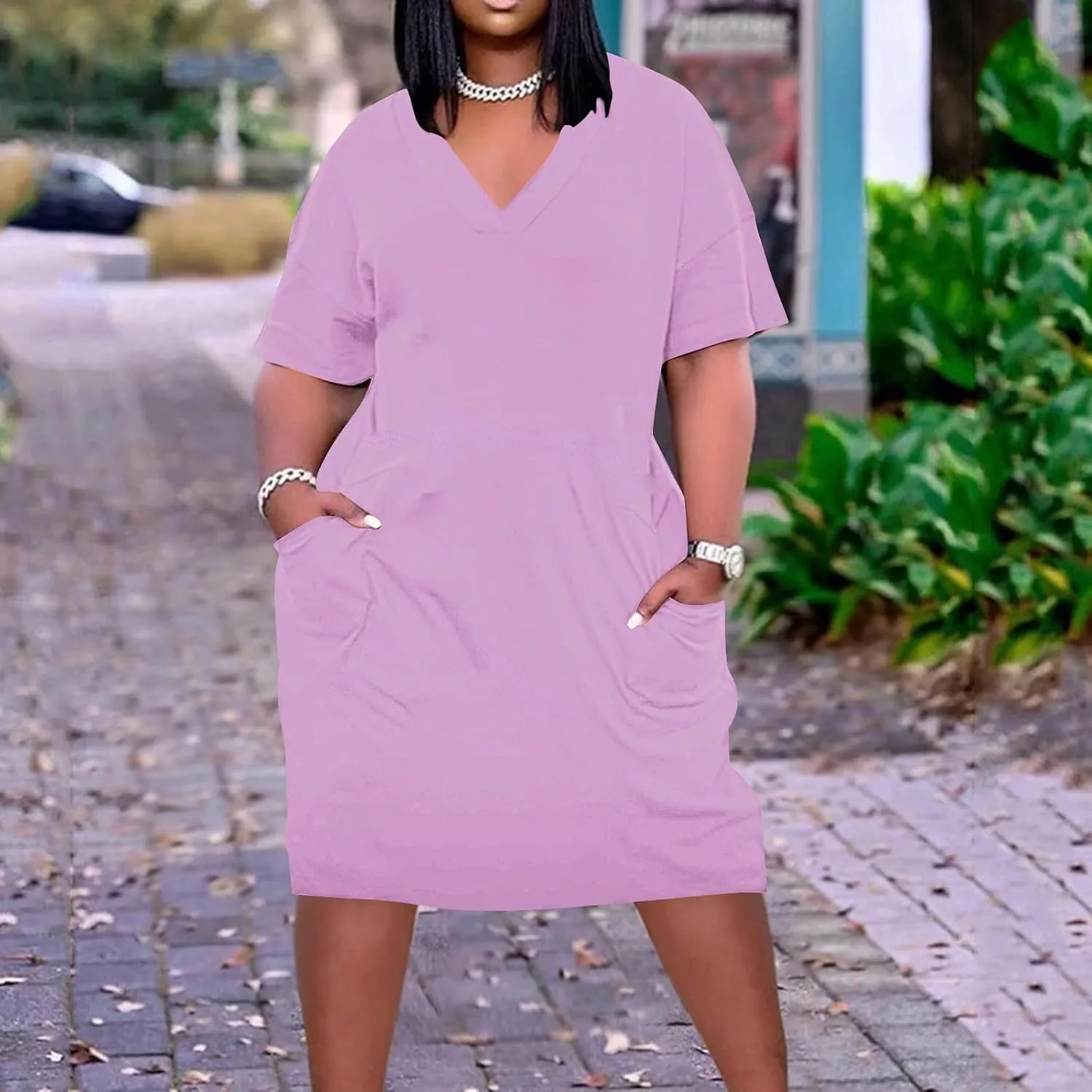 Oversized Dress for Women Summer Casual Loose Vneck Midi Dress Plus Size Baggy Short Sleeve T Shirt Dress with Pockets