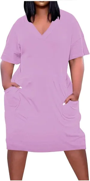 Oversized Dress for Women Summer Casual Loose Vneck Midi Dress Plus Size Baggy Short Sleeve T Shirt Dress with Pockets