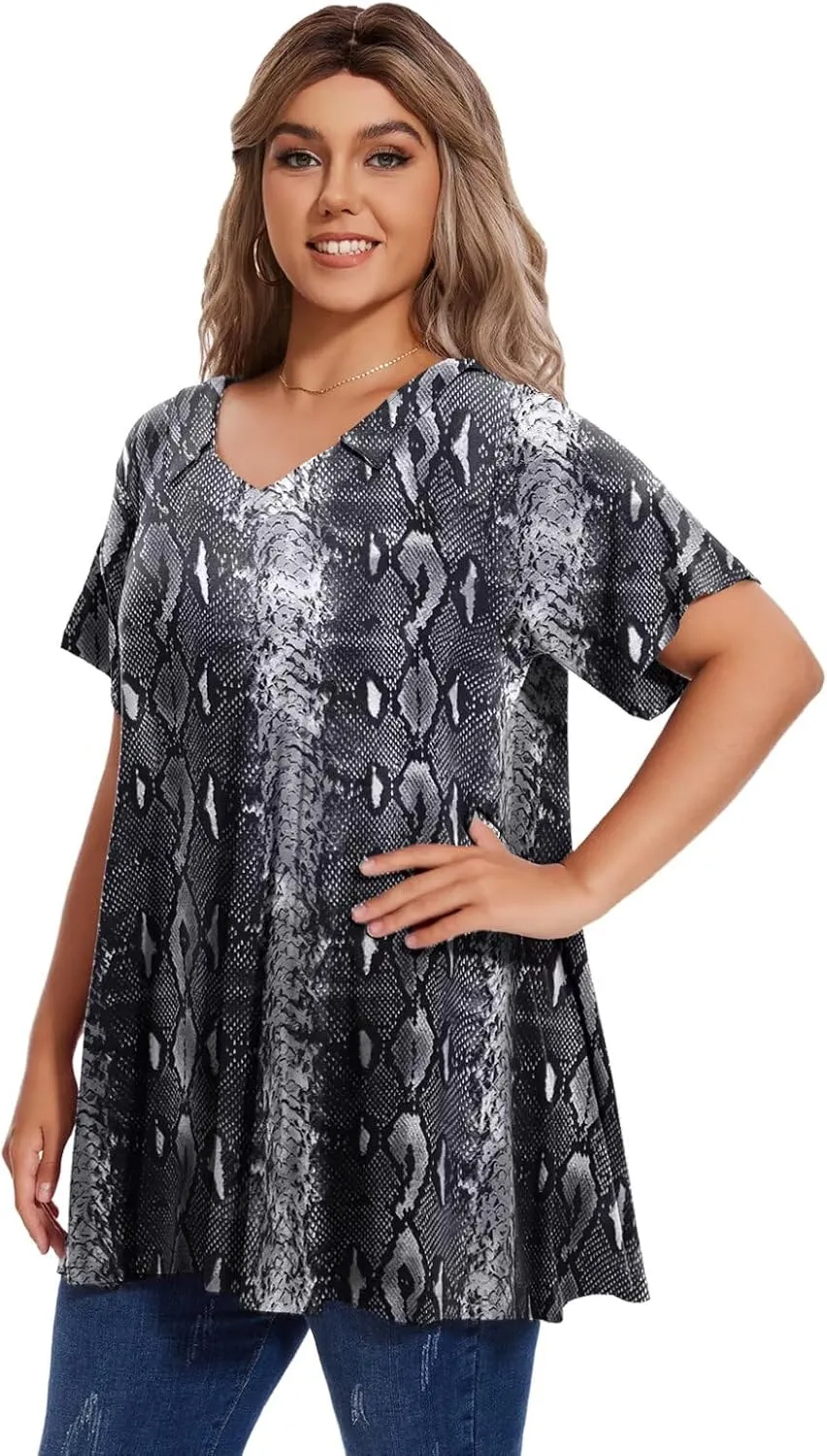 OVERWORETY Women's Plus Size T-Shirt Short Sleeve Lapel V Neck Loose Fitted Polo Tunic Tops