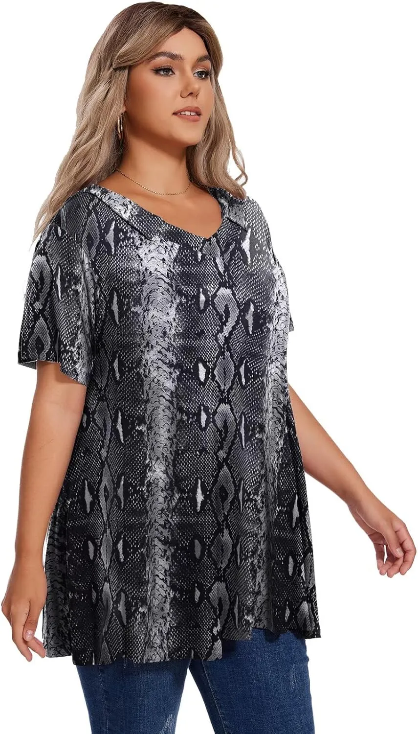 OVERWORETY Women's Plus Size T-Shirt Short Sleeve Lapel V Neck Loose Fitted Polo Tunic Tops