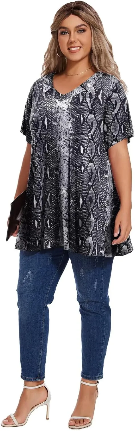 OVERWORETY Women's Plus Size T-Shirt Short Sleeve Lapel V Neck Loose Fitted Polo Tunic Tops