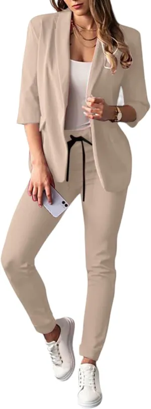 Pants Suits for Women Dressy Business Casual Outfits Work 3/4 Sleeve Blazer Sets and Pencil Pants 2 Piece Office Suit Set