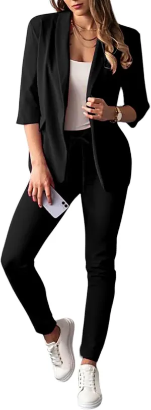 Pants Suits for Women Dressy Business Casual Outfits Work 3/4 Sleeve Blazer Sets and Pencil Pants 2 Piece Office Suit Set