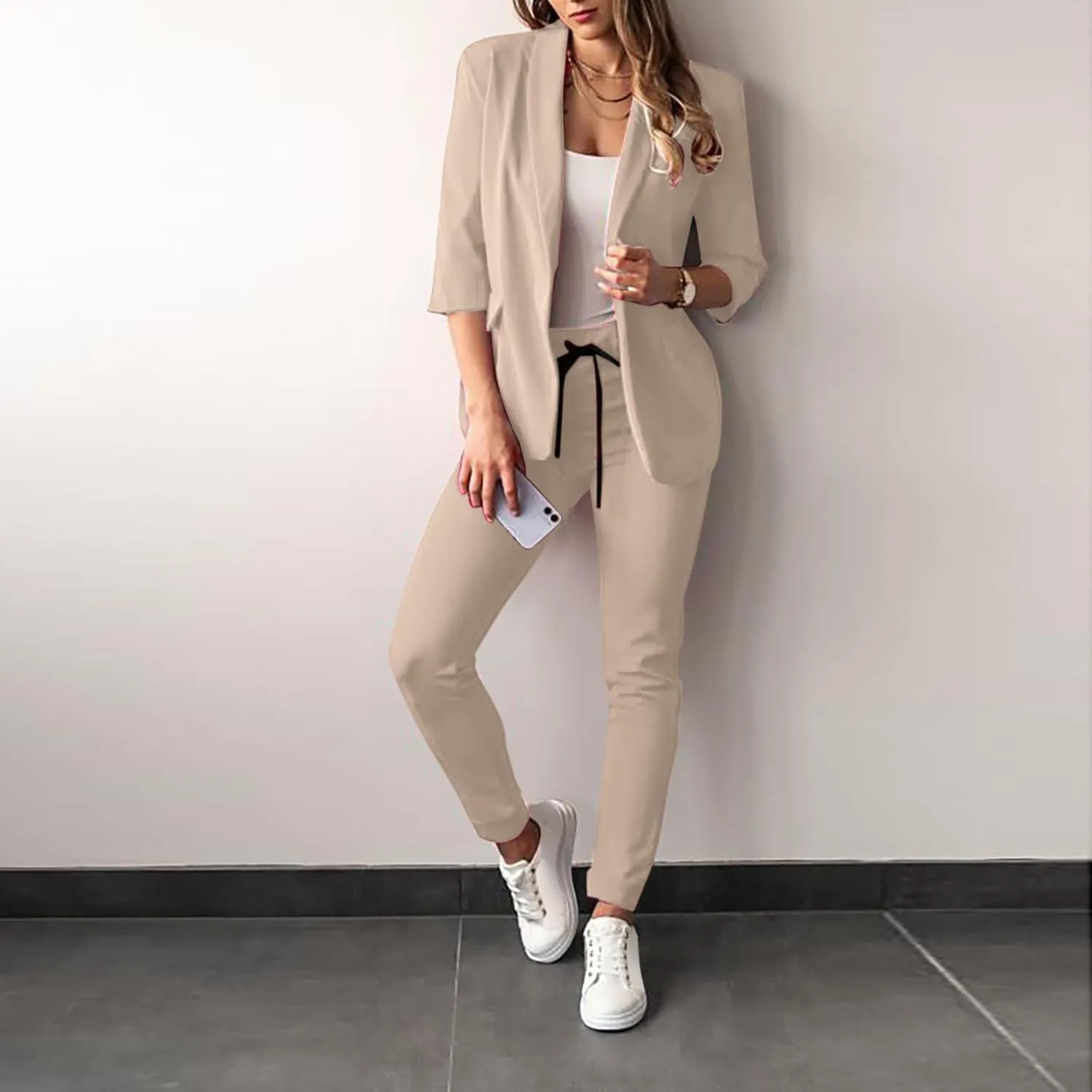 Pants Suits for Women Dressy Business Casual Outfits Work 3/4 Sleeve Blazer Sets and Pencil Pants 2 Piece Office Suit Set