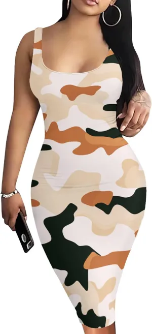 PinkPatty Camouflage Midi Dress for Women Casual Sleeveless Tank Dress Bodycon Basic Sundress Plus Size