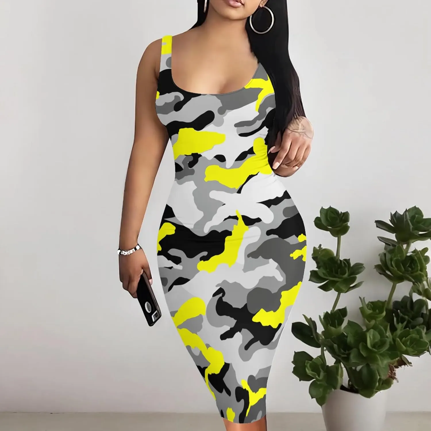PinkPatty Camouflage Midi Dress for Women Casual Sleeveless Tank Dress Bodycon Basic Sundress Plus Size