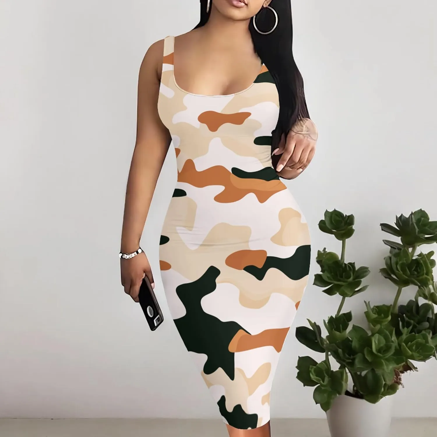 PinkPatty Camouflage Midi Dress for Women Casual Sleeveless Tank Dress Bodycon Basic Sundress Plus Size