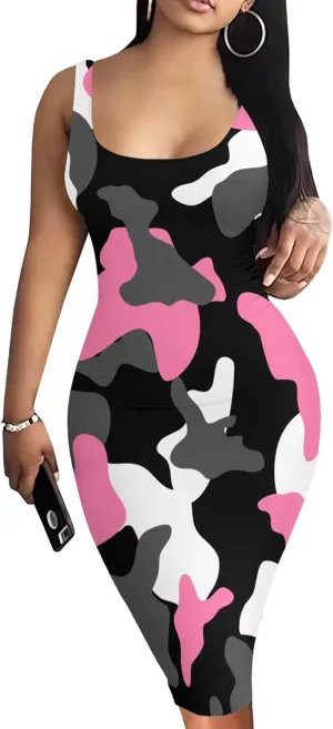 PinkPatty Camouflage Midi Dress for Women Casual Sleeveless Tank Dress Bodycon Basic Sundress Plus Size