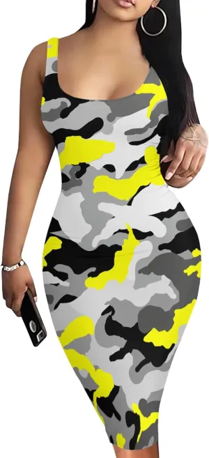 PinkPatty Camouflage Midi Dress for Women Casual Sleeveless Tank Dress Bodycon Basic Sundress Plus Size