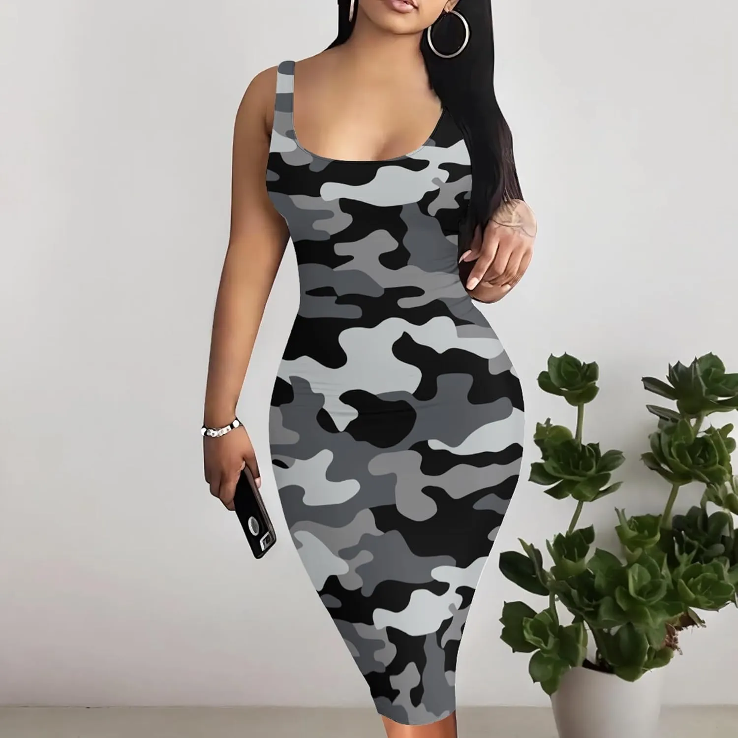 PinkPatty Camouflage Midi Dress for Women Casual Sleeveless Tank Dress Bodycon Basic Sundress Plus Size