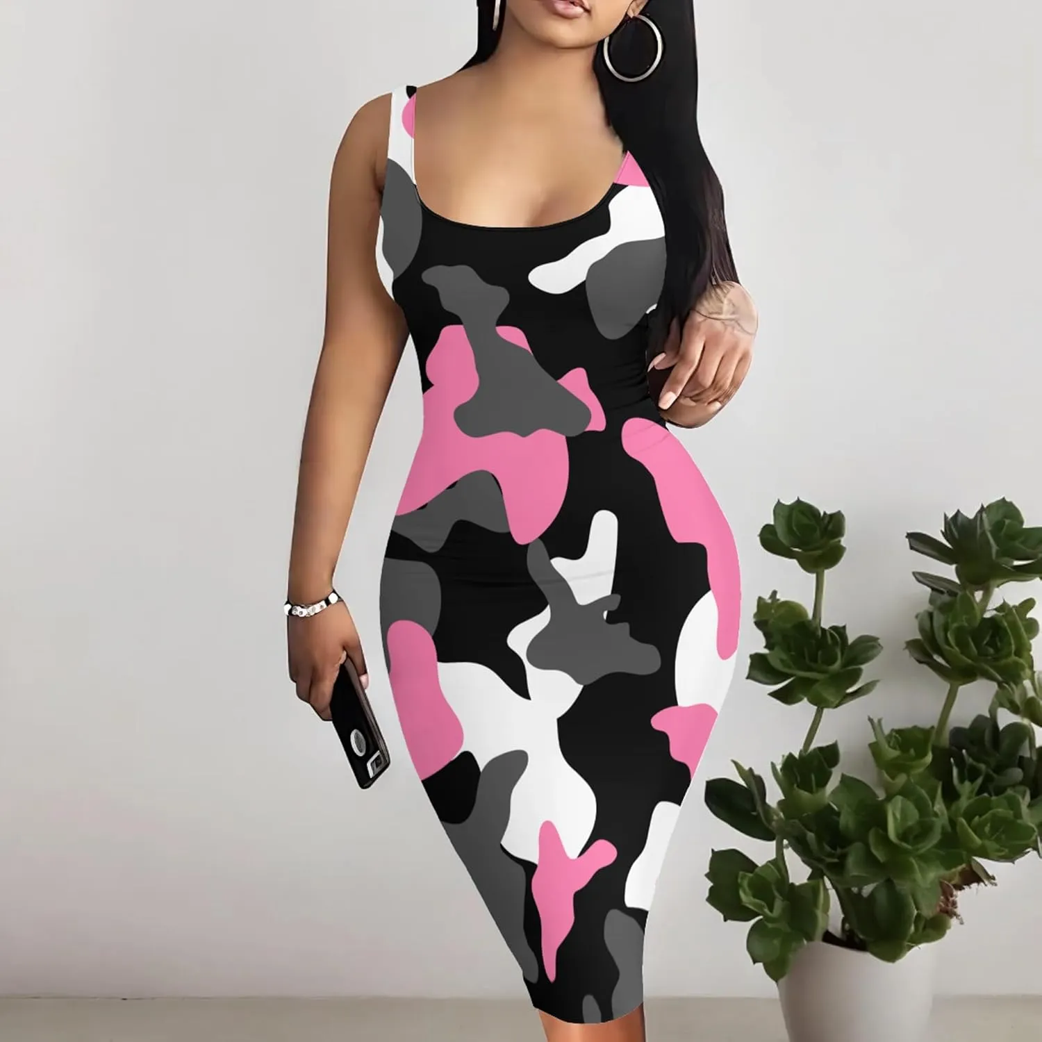PinkPatty Camouflage Midi Dress for Women Casual Sleeveless Tank Dress Bodycon Basic Sundress Plus Size
