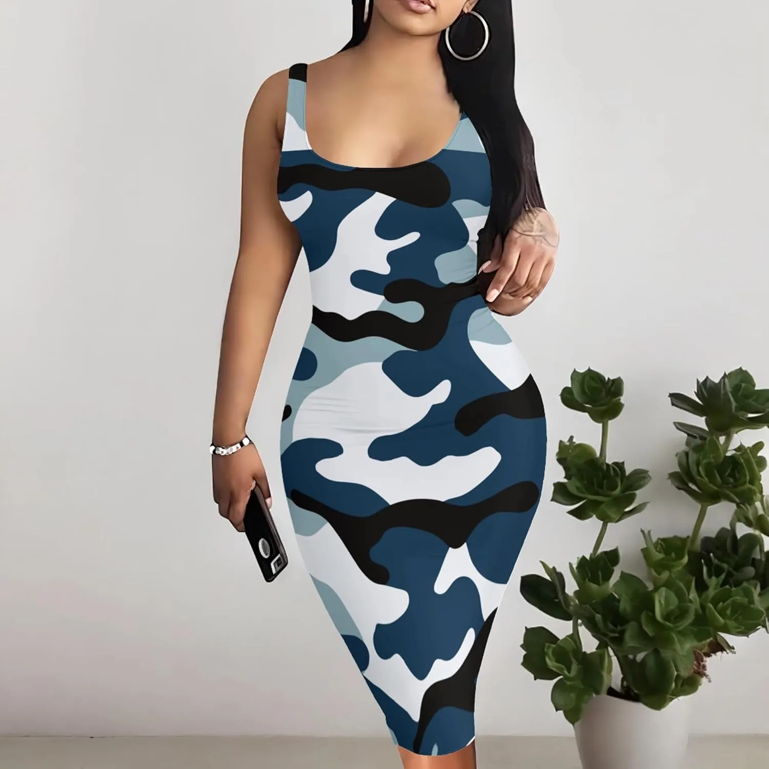PinkPatty Camouflage Midi Dress for Women Casual Sleeveless Tank Dress Bodycon Basic Sundress Plus Size
