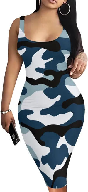 PinkPatty Camouflage Midi Dress for Women Casual Sleeveless Tank Dress Bodycon Basic Sundress Plus Size