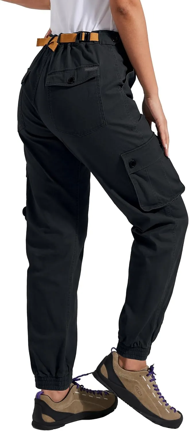 Pioneer Camp Women's Stretchy Cargo Pants with Pockets High-Rise Casual Hiking Cotton Joggers Adjustable Waistband with Belt