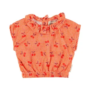 Piupiuchick Red & White Checkered W/ Cherries Sleeveless Blouse W/ Collar