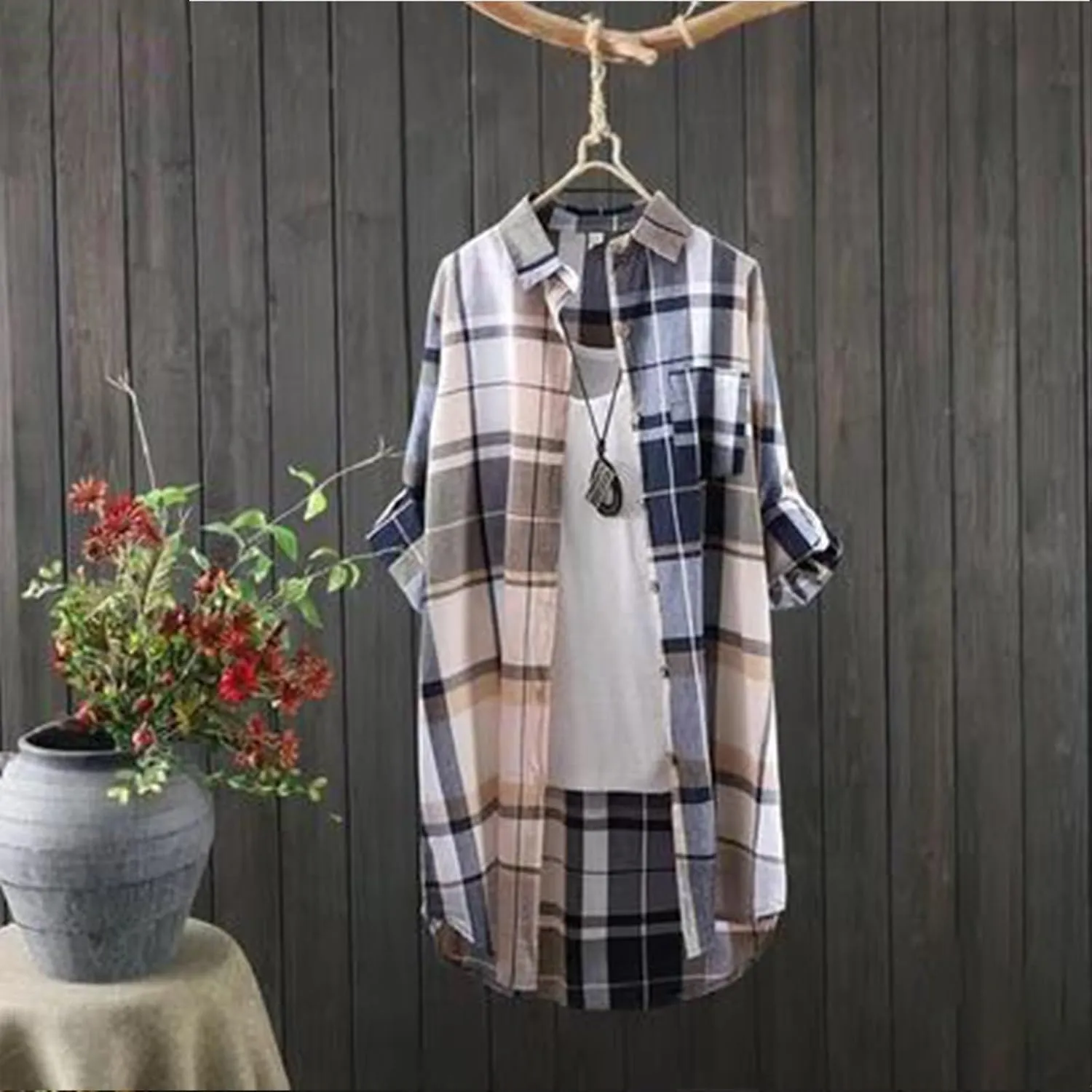 Plaid Long Shirts for Women 2025 Fashion Oversized Long Sleeve Button Up Collared Blouse Summer Casual Beach Cover Up