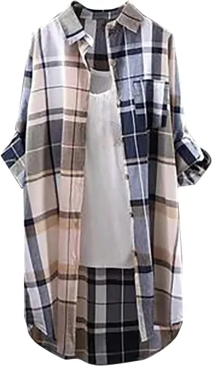 Plaid Long Shirts for Women 2025 Fashion Oversized Long Sleeve Button Up Collared Blouse Summer Casual Beach Cover Up