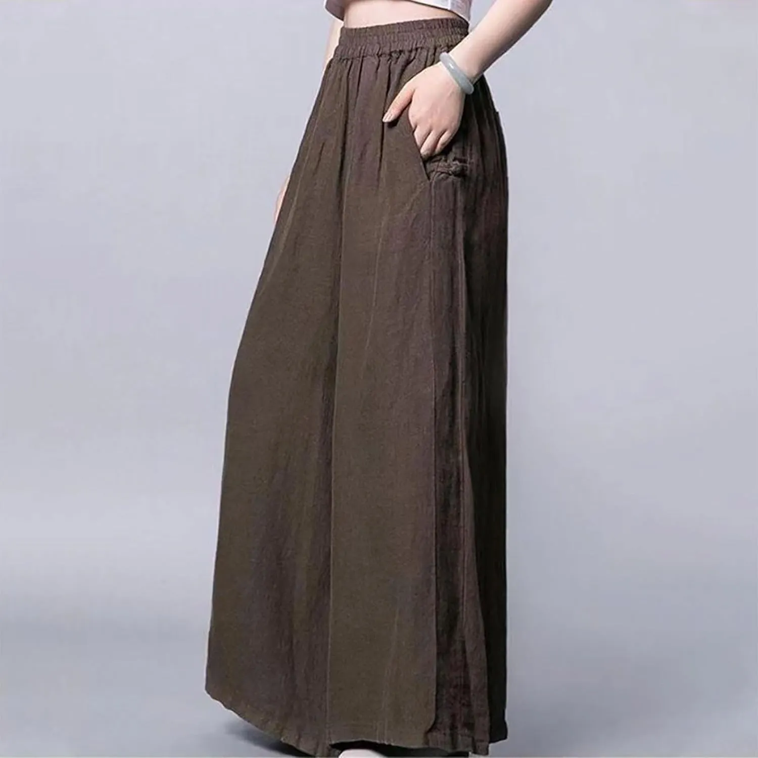 Plus Size Cotton Linen Pants for Women Wide Leg Palazzo Pants Elastic High Waist Flowy Trouser with Pocket