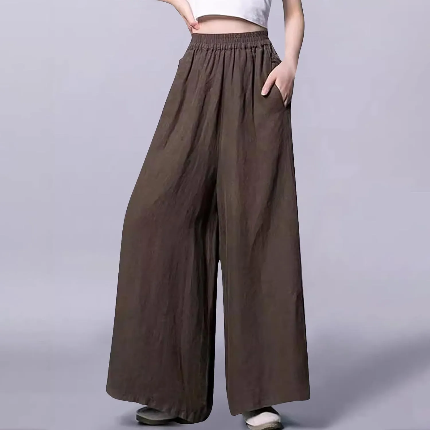 Plus Size Cotton Linen Pants for Women Wide Leg Palazzo Pants Elastic High Waist Flowy Trouser with Pocket
