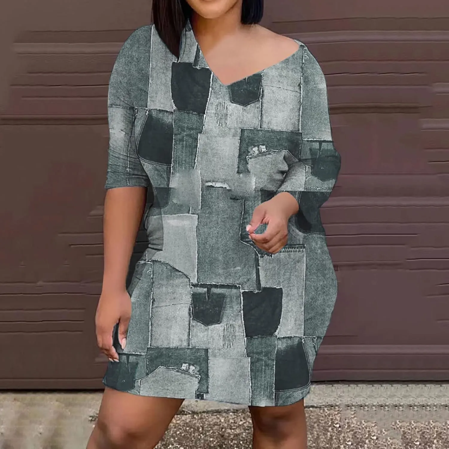 Plus Size Denim Dress for Women Patchwork Long Sleeve V Neck Distressed Jean Shirt Dress Summer Midi A Line Dresses