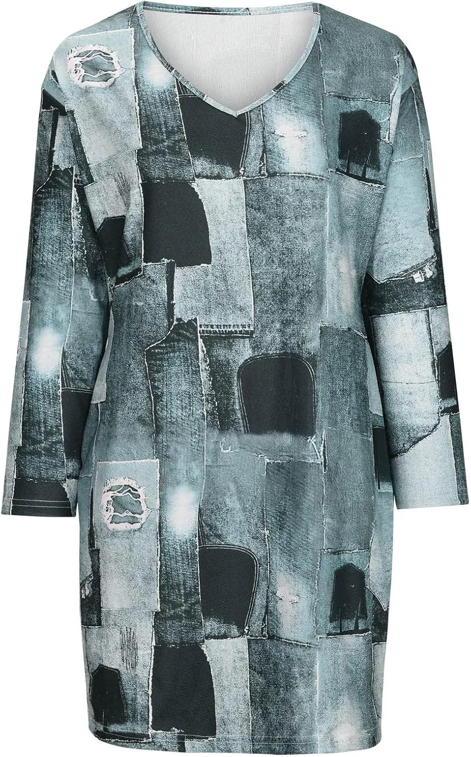 Plus Size Denim Dress for Women Patchwork Long Sleeve V Neck Distressed Jean Shirt Dress Summer Midi A Line Dresses