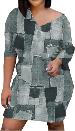 Plus Size Denim Dress for Women Patchwork Long Sleeve V Neck Distressed Jean Shirt Dress Summer Midi A Line Dresses
