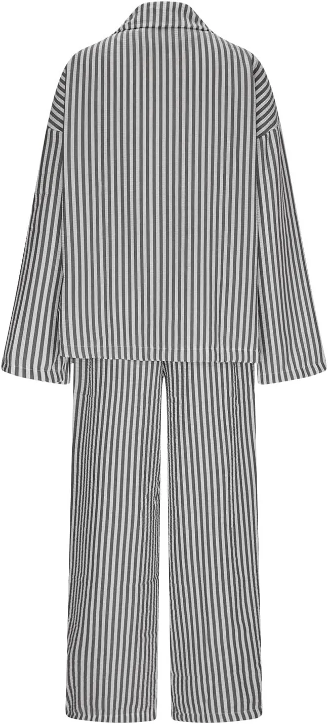 Plus Size Womens Pajama Sets 2 Piece Sleepwear Pjs Set Long Sleeve Button Down Top and Pants Stripe Loungewear Sets