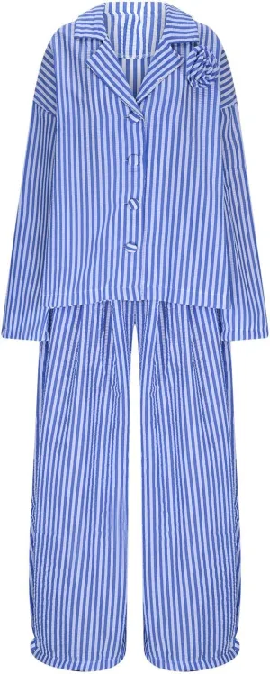 Plus Size Womens Pajama Sets 2 Piece Sleepwear Pjs Set Long Sleeve Button Down Top and Pants Stripe Loungewear Sets