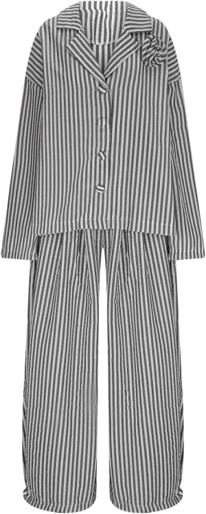 Plus Size Womens Pajama Sets 2 Piece Sleepwear Pjs Set Long Sleeve Button Down Top and Pants Stripe Loungewear Sets