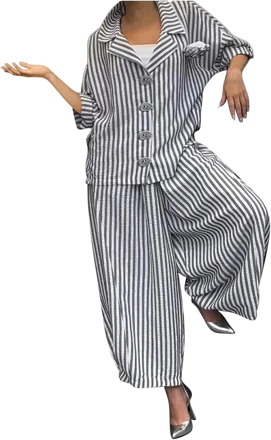 Plus Size Womens Pajama Sets 2 Piece Sleepwear Pjs Set Long Sleeve Button Down Top and Pants Stripe Loungewear Sets