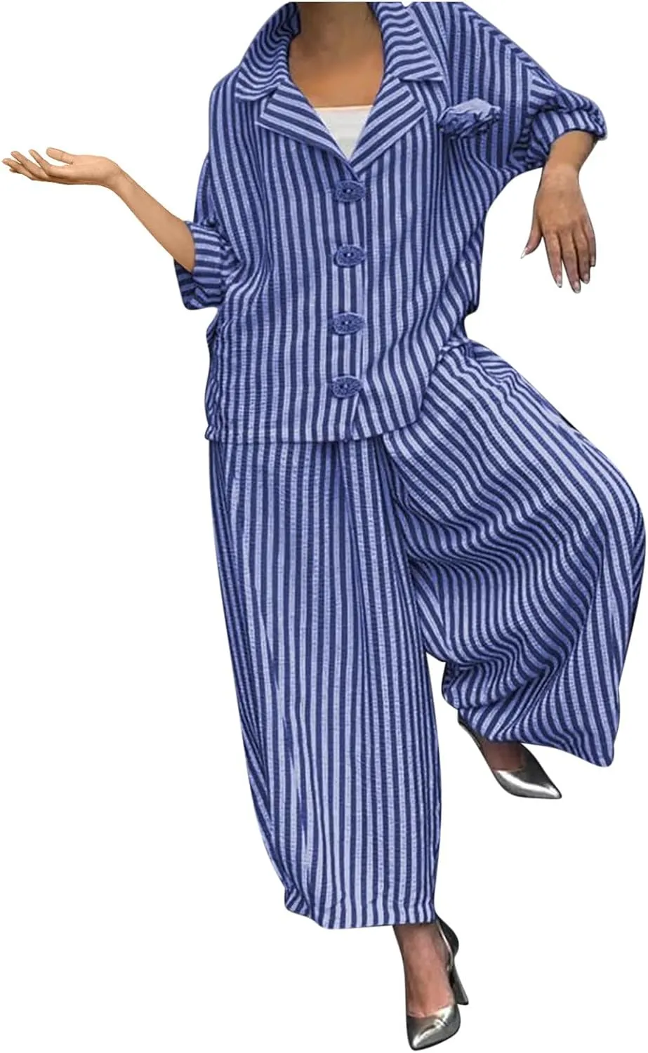 Plus Size Womens Pajama Sets 2 Piece Sleepwear Pjs Set Long Sleeve Button Down Top and Pants Stripe Loungewear Sets