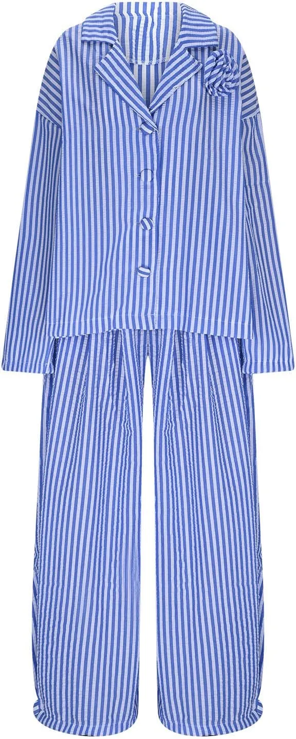 Plus Size Womens Pajama Sets 2 Piece Sleepwear Pjs Set Long Sleeve Button Down Top and Pants Stripe Loungewear Sets