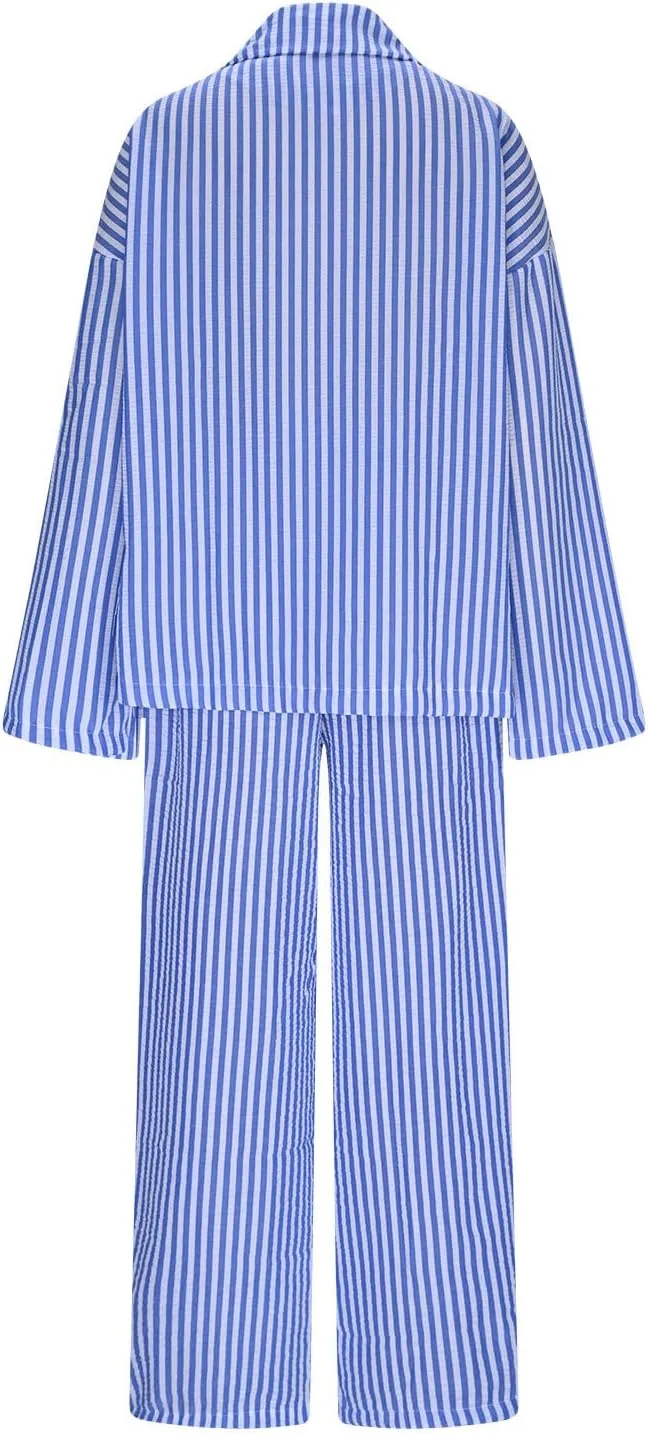 Plus Size Womens Pajama Sets 2 Piece Sleepwear Pjs Set Long Sleeve Button Down Top and Pants Stripe Loungewear Sets