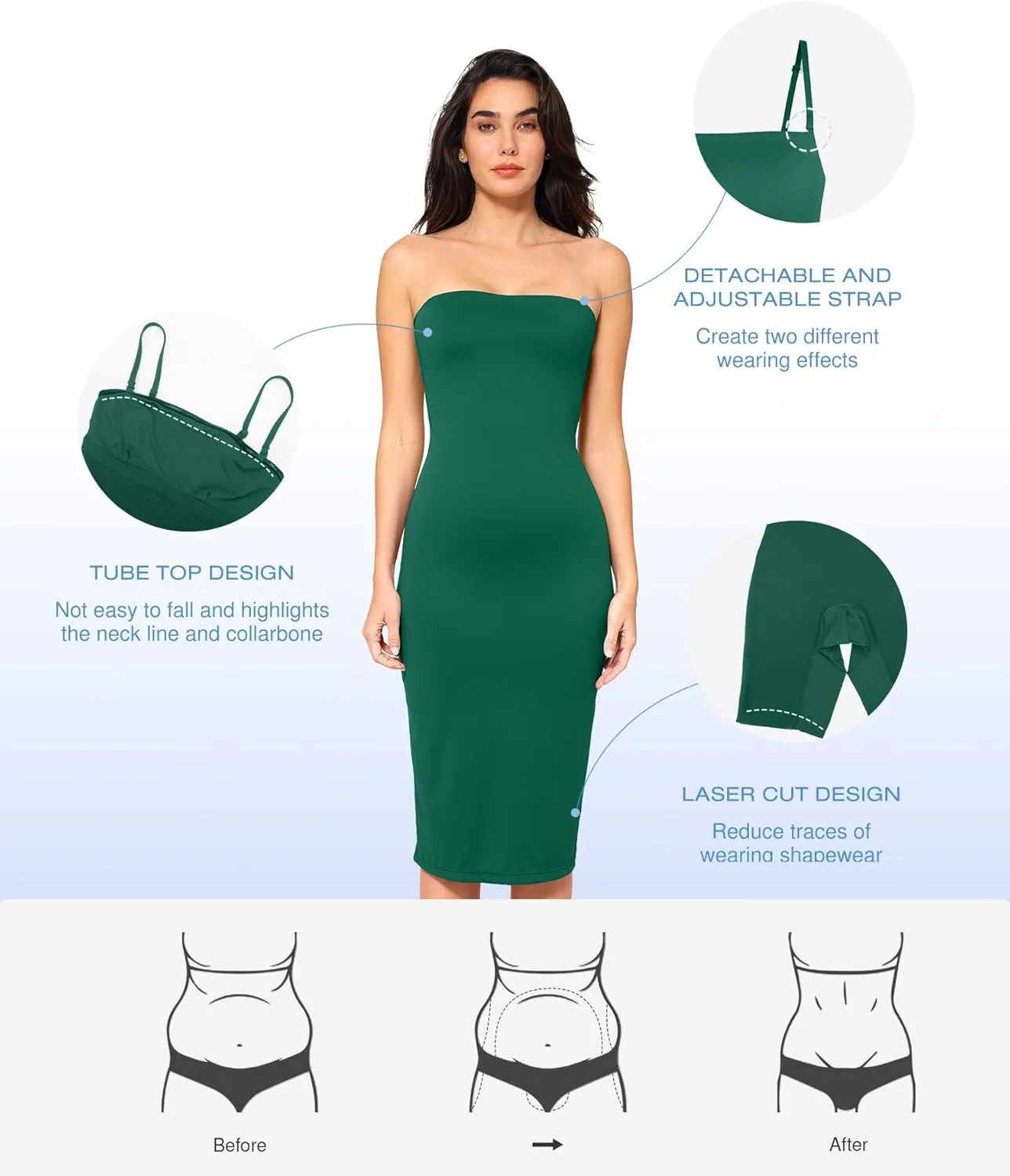 Popilush Maxi Womens Shapewear Dress Long Dresses Built-in Bra Slip with Adjustable Straps Bodycon Tube