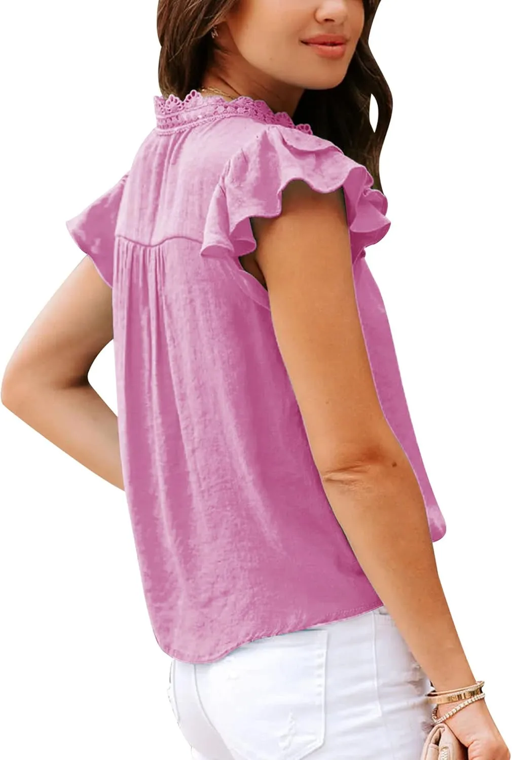 PRETTODAY Women's V Neck Lace Crochet Shirts Button Down Short Sleeve Casual Blouse Tops