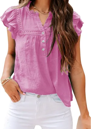 PRETTODAY Women's V Neck Lace Crochet Shirts Button Down Short Sleeve Casual Blouse Tops