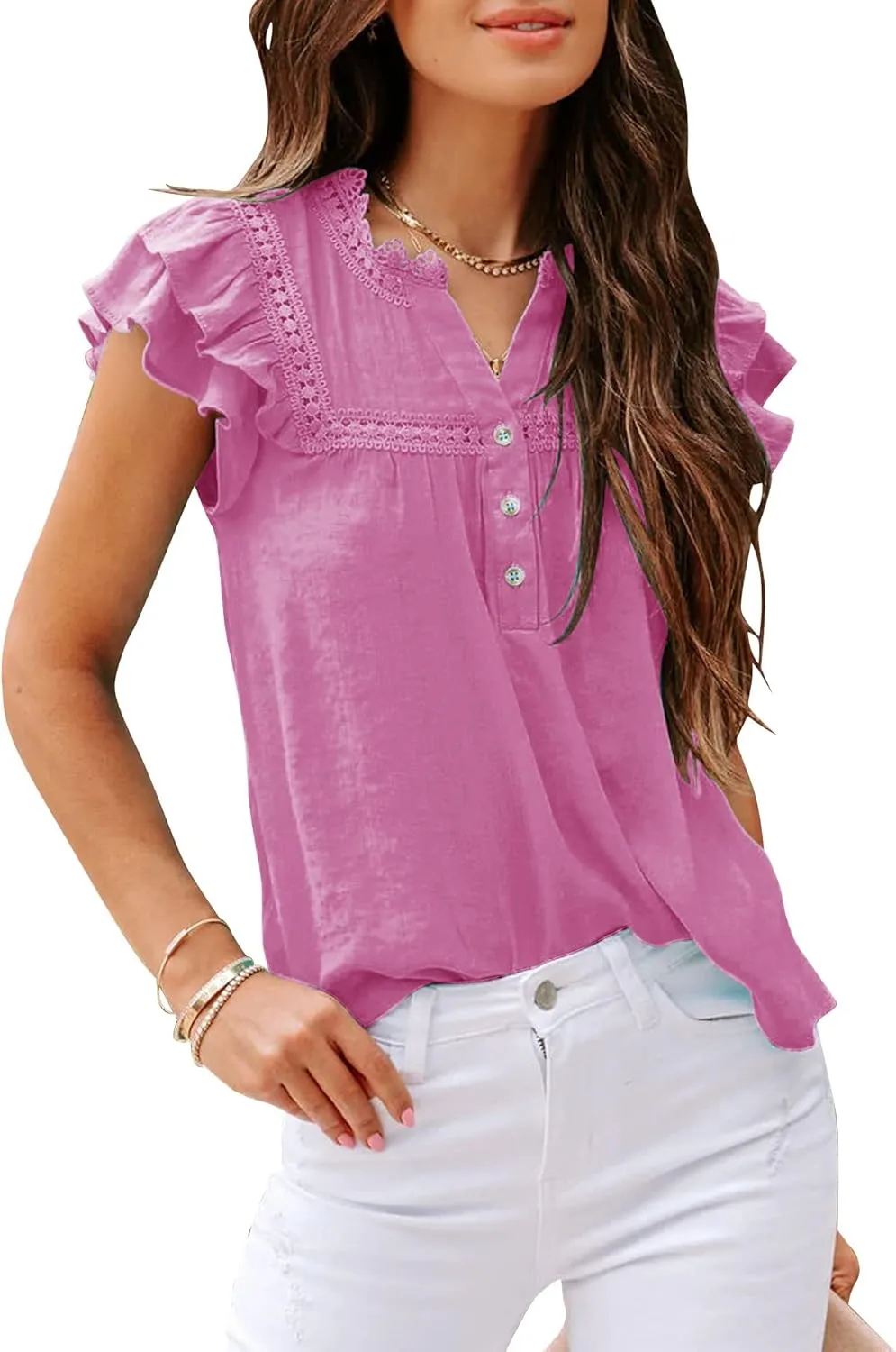 PRETTODAY Women's V Neck Lace Crochet Shirts Button Down Short Sleeve Casual Blouse Tops