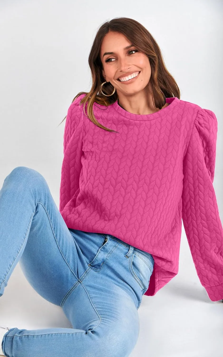 PRETTYGARDEN Women's Puff Sleeve Sweatshirts 2024 Fall Fashion Casual Crewneck Solid Twist Texture Pullover Tops