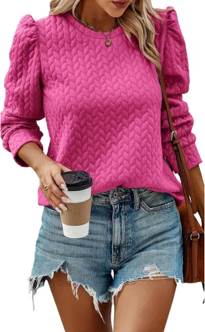 PRETTYGARDEN Women's Puff Sleeve Sweatshirts 2024 Fall Fashion Casual Crewneck Solid Twist Texture Pullover Tops