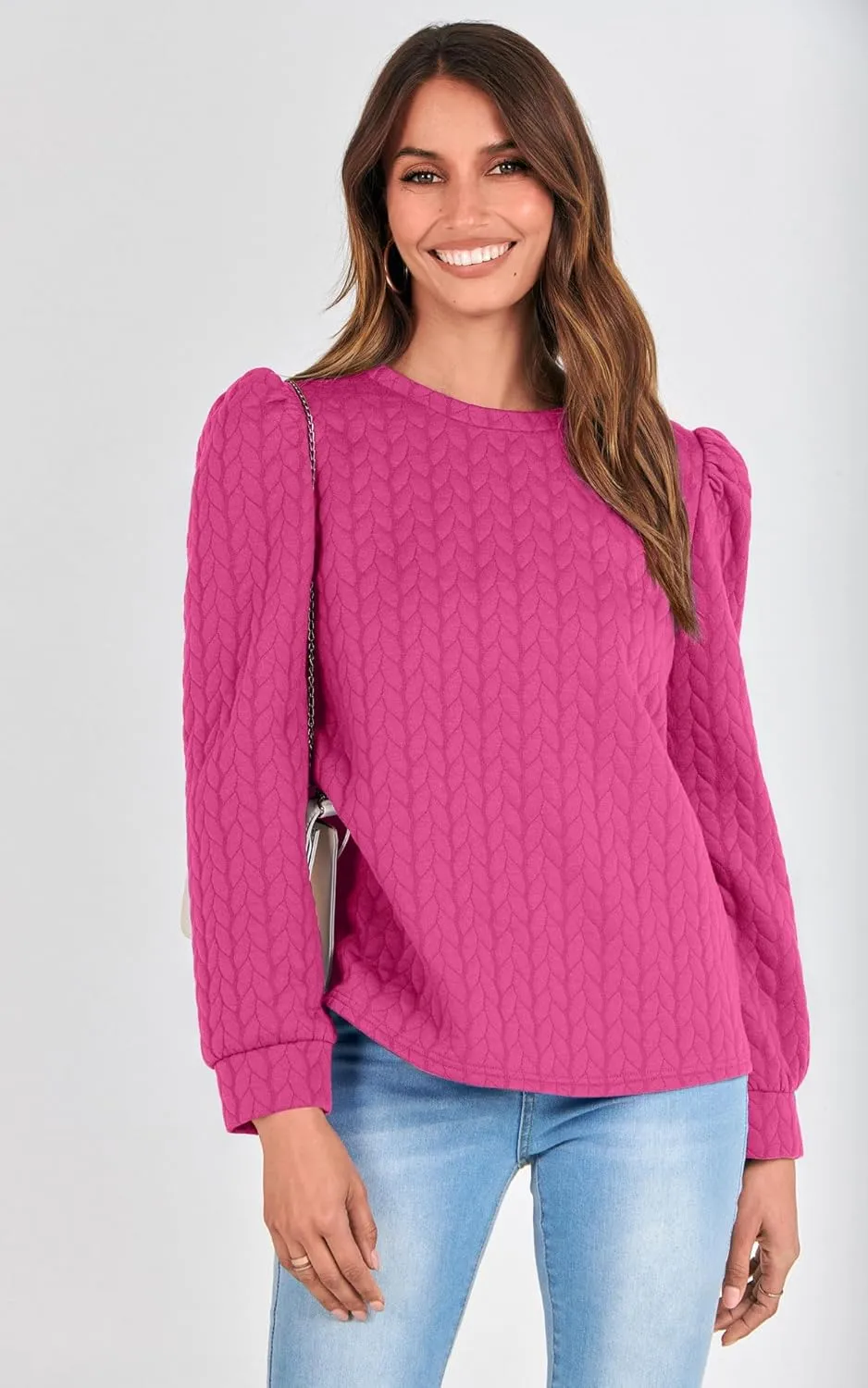 PRETTYGARDEN Women's Puff Sleeve Sweatshirts 2024 Fall Fashion Casual Crewneck Solid Twist Texture Pullover Tops