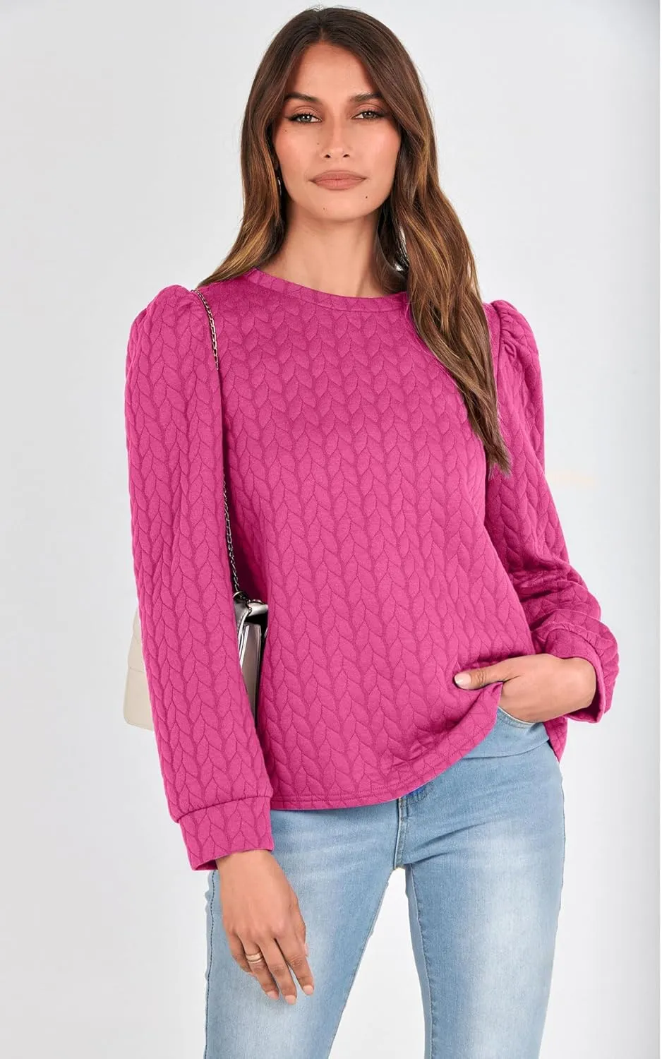 PRETTYGARDEN Women's Puff Sleeve Sweatshirts 2024 Fall Fashion Casual Crewneck Solid Twist Texture Pullover Tops