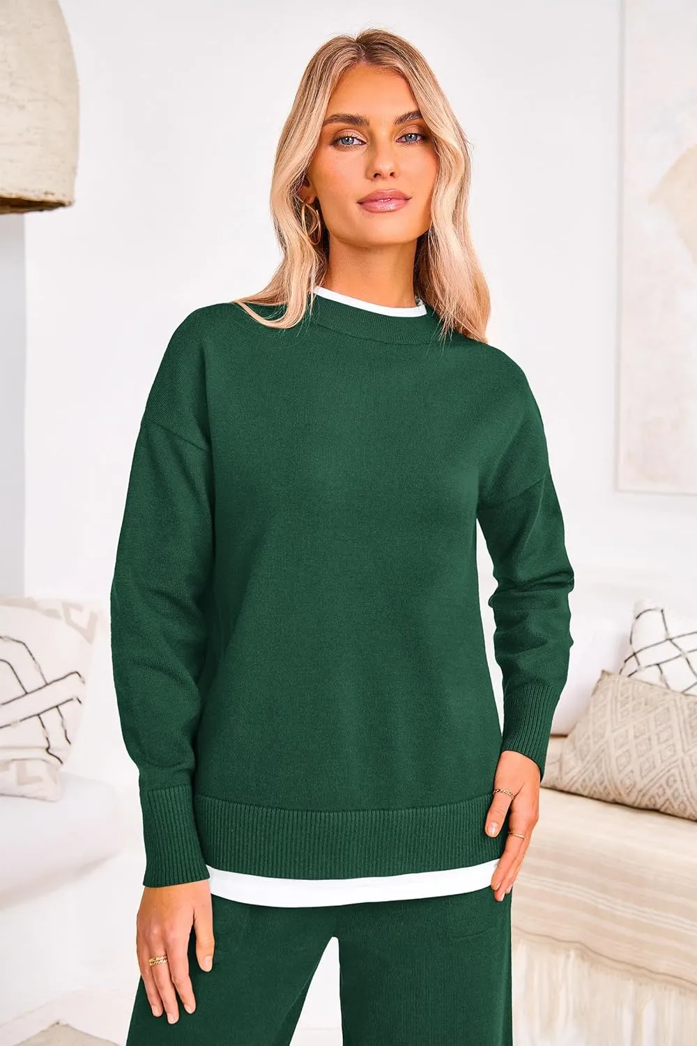 PRETTYGARDEN Women's Winter Two Piece Matching Sweater Lounge Sets Knit Long Sleeve Pullover Tops Wide Leg Pants Tracksuits