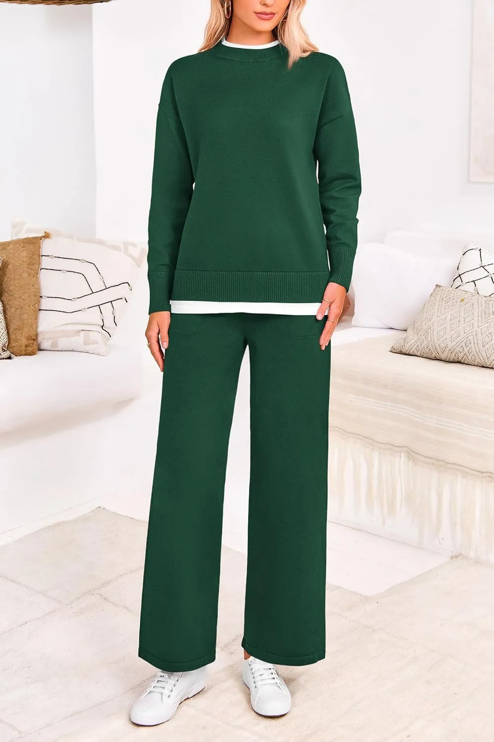 PRETTYGARDEN Women's Winter Two Piece Matching Sweater Lounge Sets Knit Long Sleeve Pullover Tops Wide Leg Pants Tracksuits