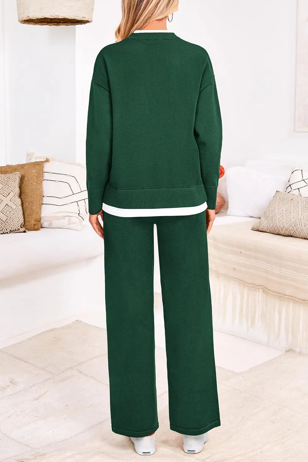 PRETTYGARDEN Women's Winter Two Piece Matching Sweater Lounge Sets Knit Long Sleeve Pullover Tops Wide Leg Pants Tracksuits