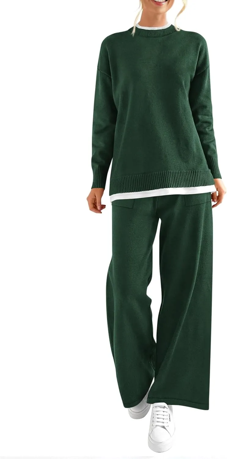 PRETTYGARDEN Women's Winter Two Piece Matching Sweater Lounge Sets Knit Long Sleeve Pullover Tops Wide Leg Pants Tracksuits
