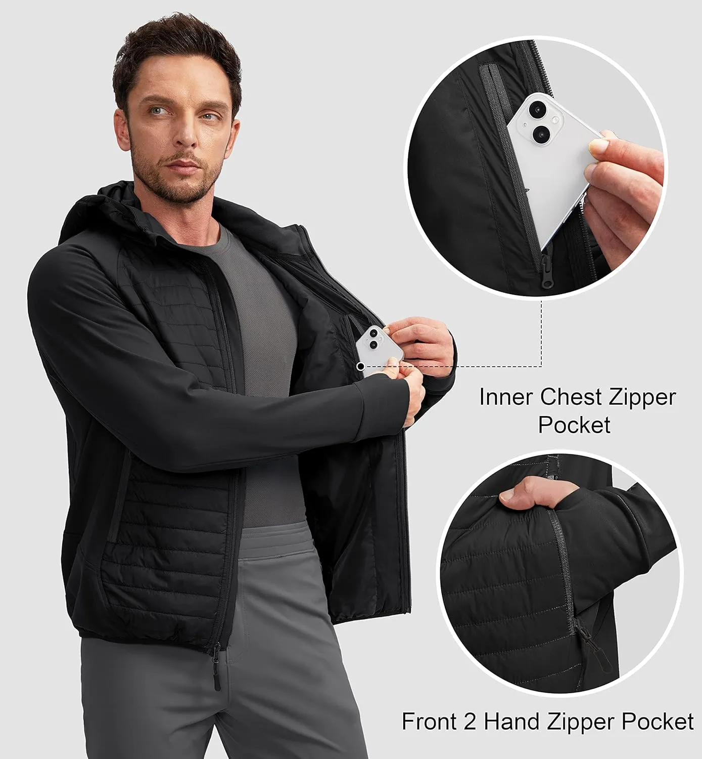 Pudolla Men's Lightweight Puffer Jacket Winter Thermal Running Jacket Hybrid Waterproof Down Coat for Golf Hiking